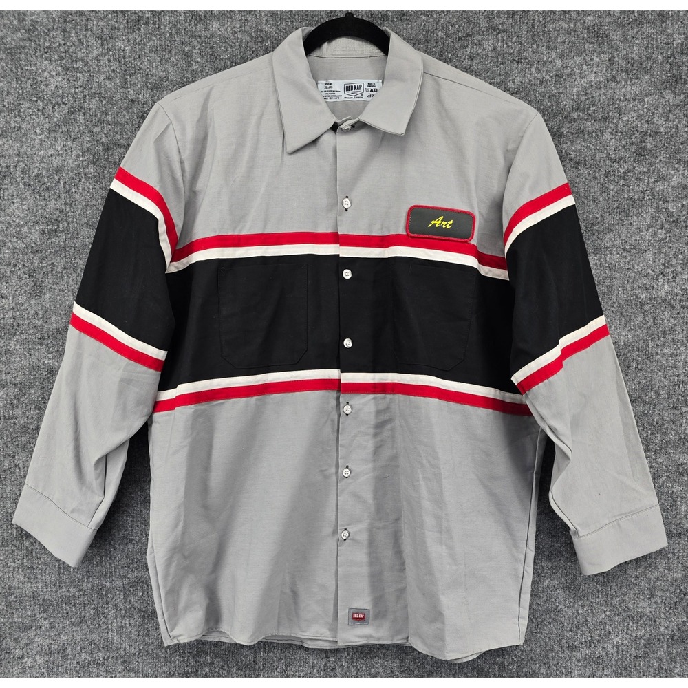 Red Kap Uniform Shirt Mens XL Gray Black Red Stripe Long Sleeve Utility Grunge